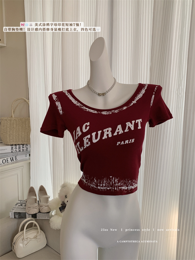 Real-life 25-year new American hot girl letter printed short-sleeved T-shirt with chest pad slim body