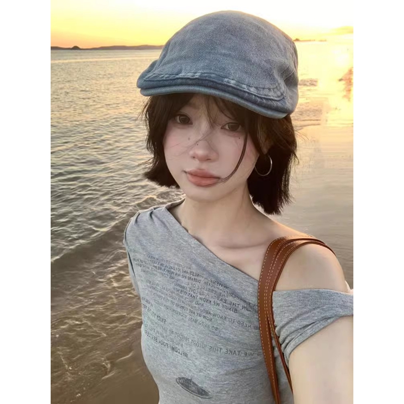 Colorful cotton ribbed irregular side shoulder short-sleeved T-shirt for women's summer chic sweet hot girl short top