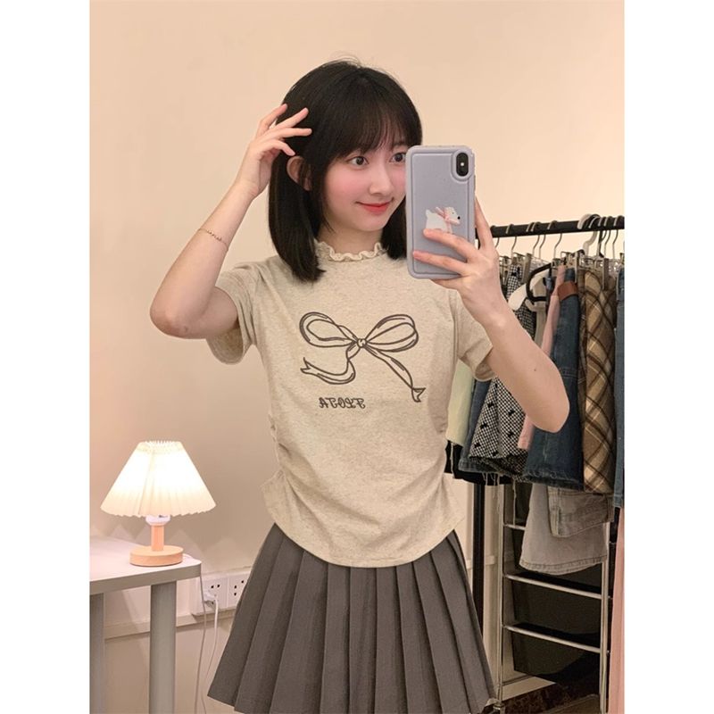Pure cotton bow printed short-sleeved high-end lace lace T-shirt