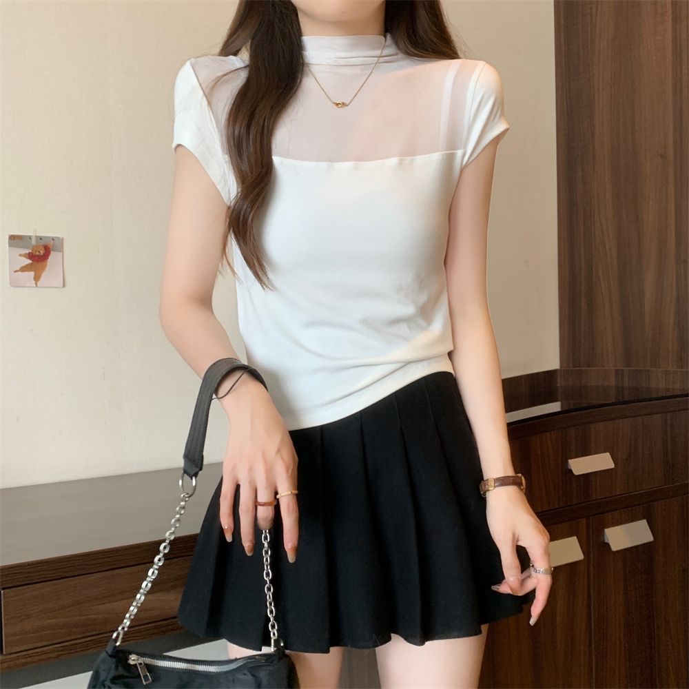 Real photo 2025 new 40 pure cotton 210g 92 cotton/8 spandex short-sleeved T-shirt women's mesh top