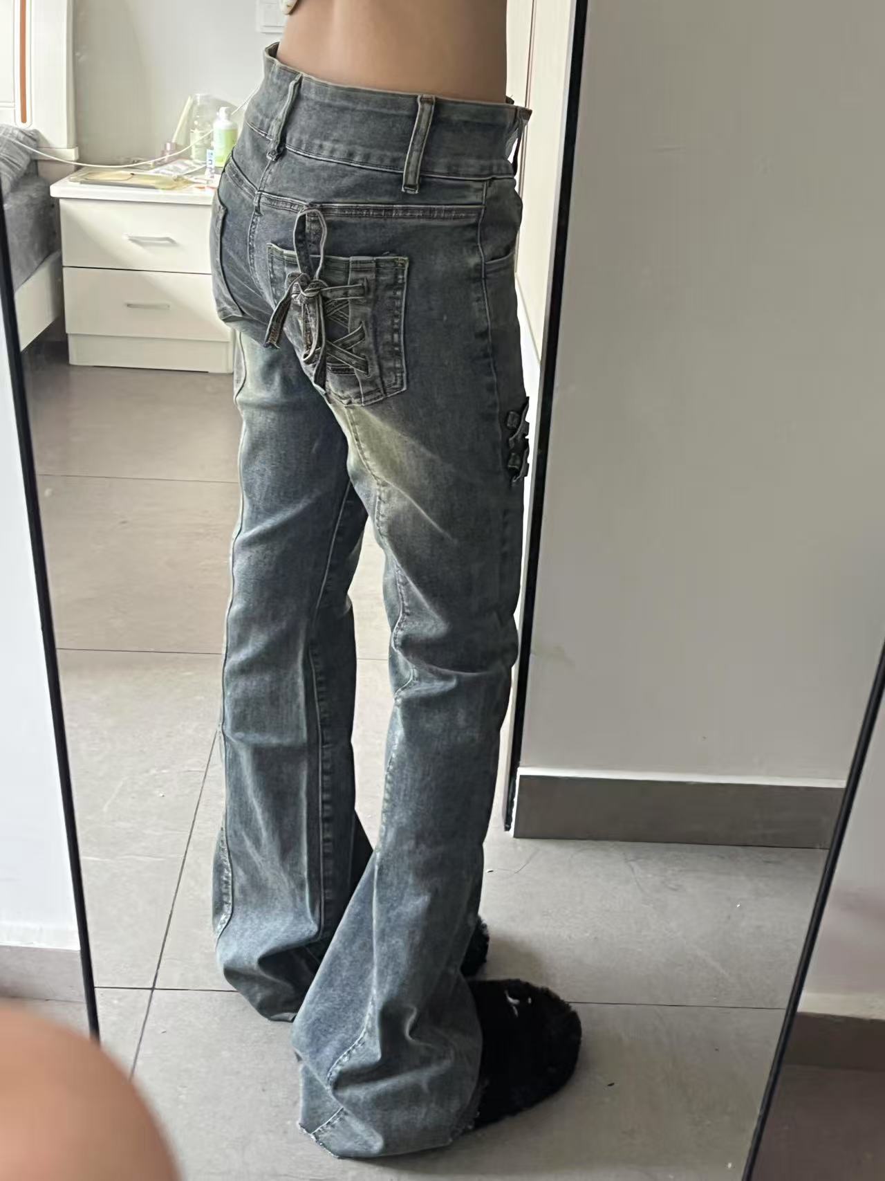 復古高腰微喇叭牛仔褲女修身彈力顯瘦蝴蝶結馬蹄褲