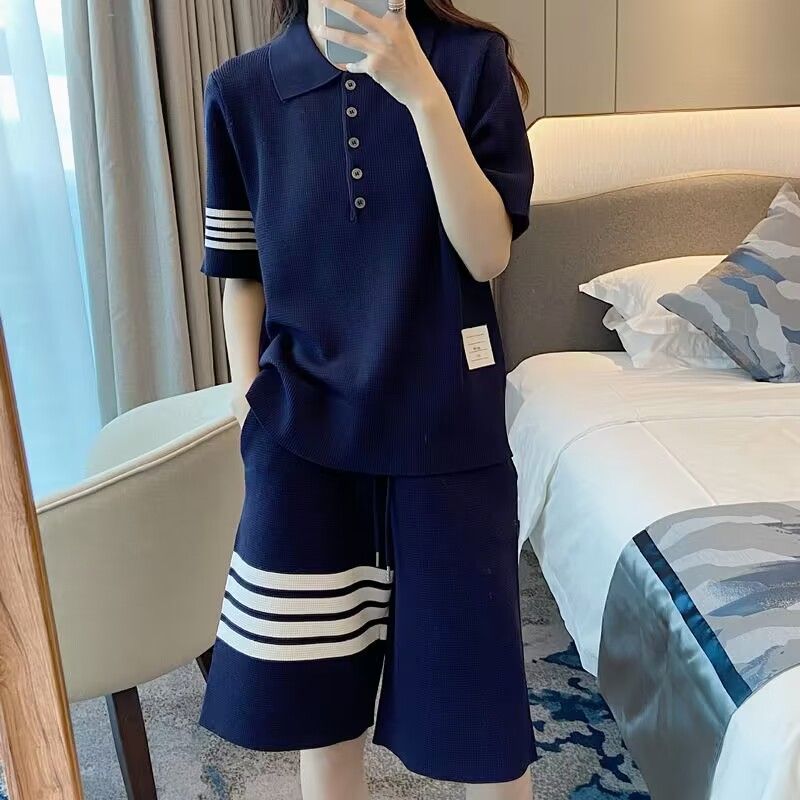 Waffle casual sports suit for women's summer new polo lapel short sleeve loose shorts two-piece set