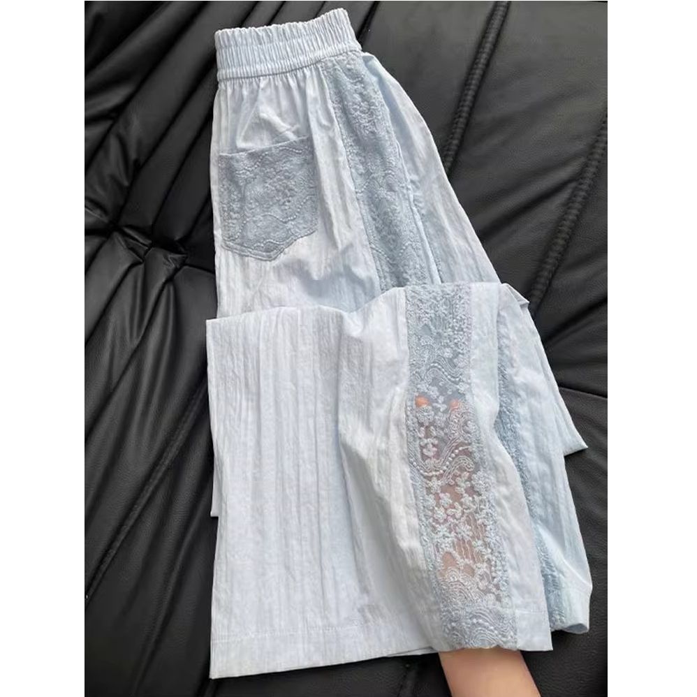 Korean version 2025 new cream blue gentle style lace spliced ​​jacquard wide-leg pants for women's summer straight pants