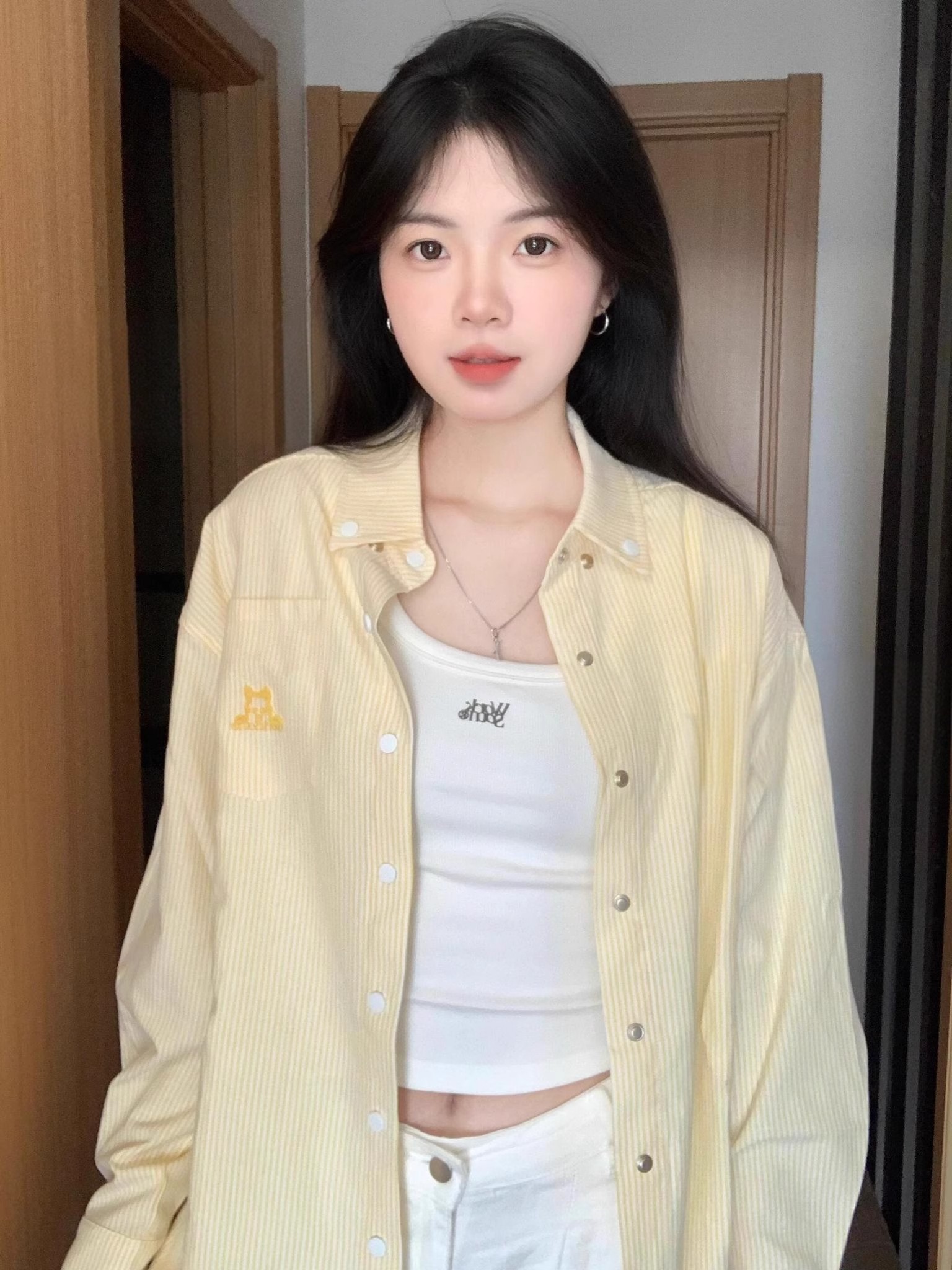 美式復古黃色條紋Polo領襯衫外套女開春寬鬆休閒長袖襯衣外搭上衣