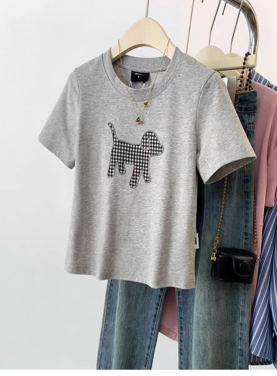 Printed front shoulder short-sleeved T-shirt for women in summer new niche American pure cotton slim T-shirt top
