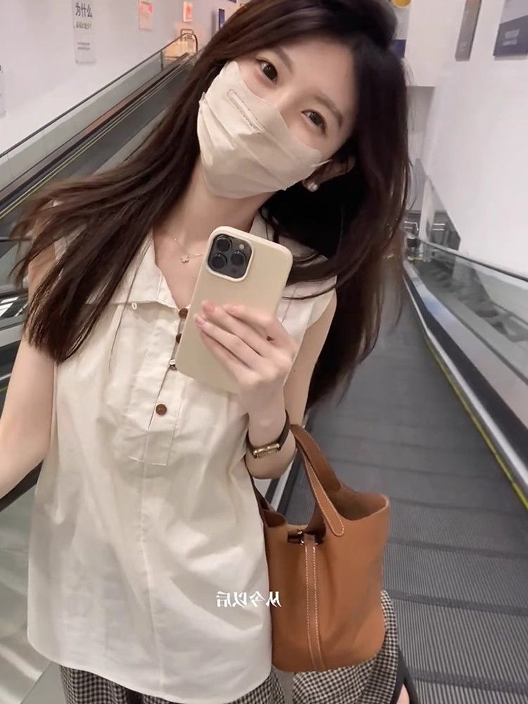 韓系復古polo領無袖背心襯衫女夏天洋氣別致小衫寬鬆顯瘦氣質上衣