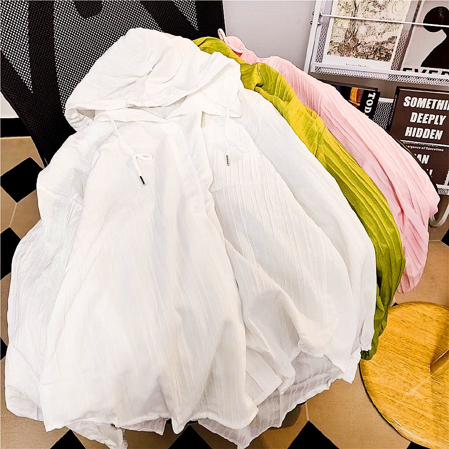 Real photo of white hooded spring and autumn mid-length cardigan top trendy casual loose large size short jacket women's long sleeves