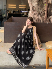 Real photos Korean chic simple vacation style totem flowing suspender dress long and short suspender top