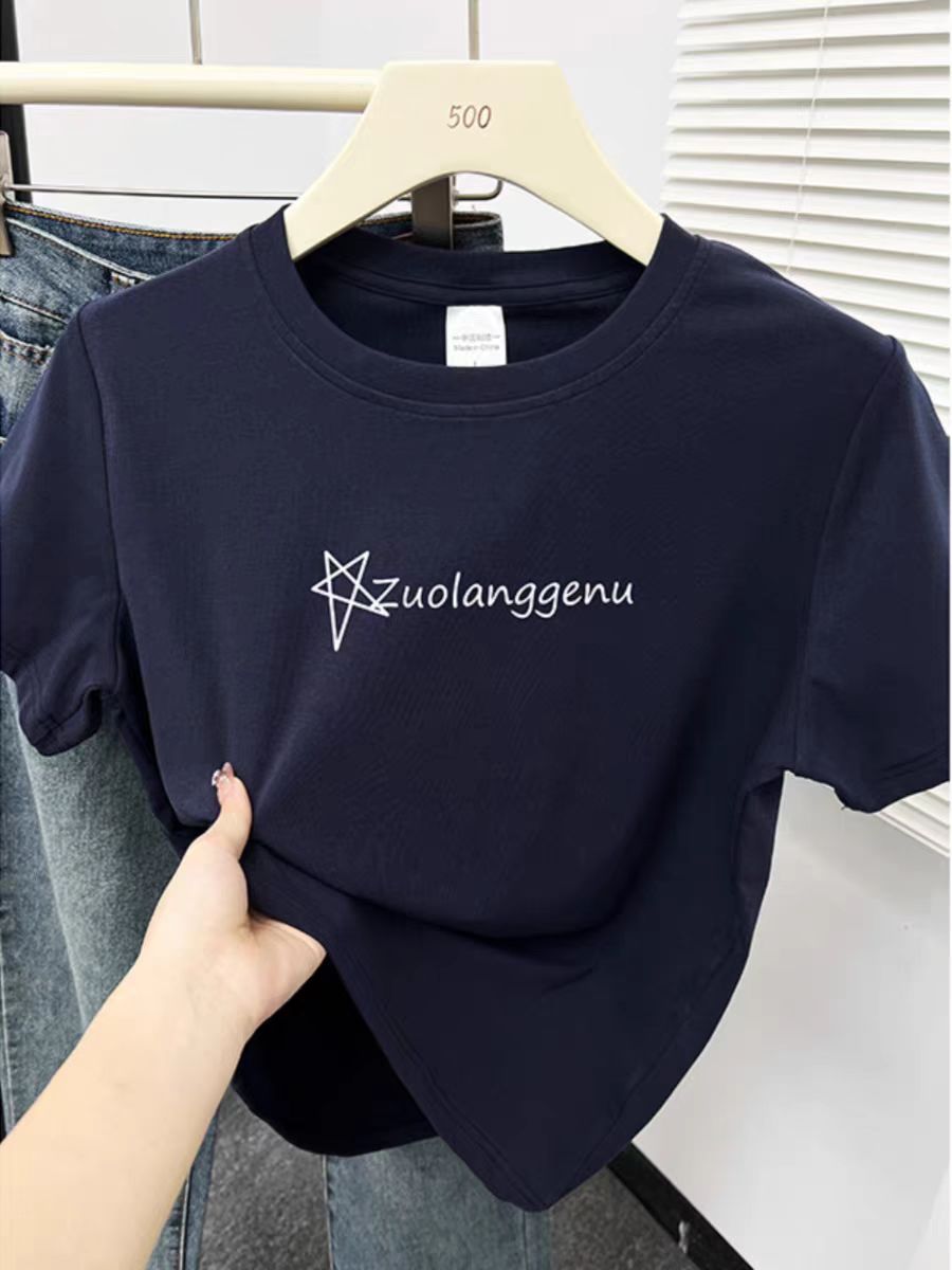 Printed front shoulder short-sleeved T-shirt for women in summer new niche American pure cotton slim T-shirt top
