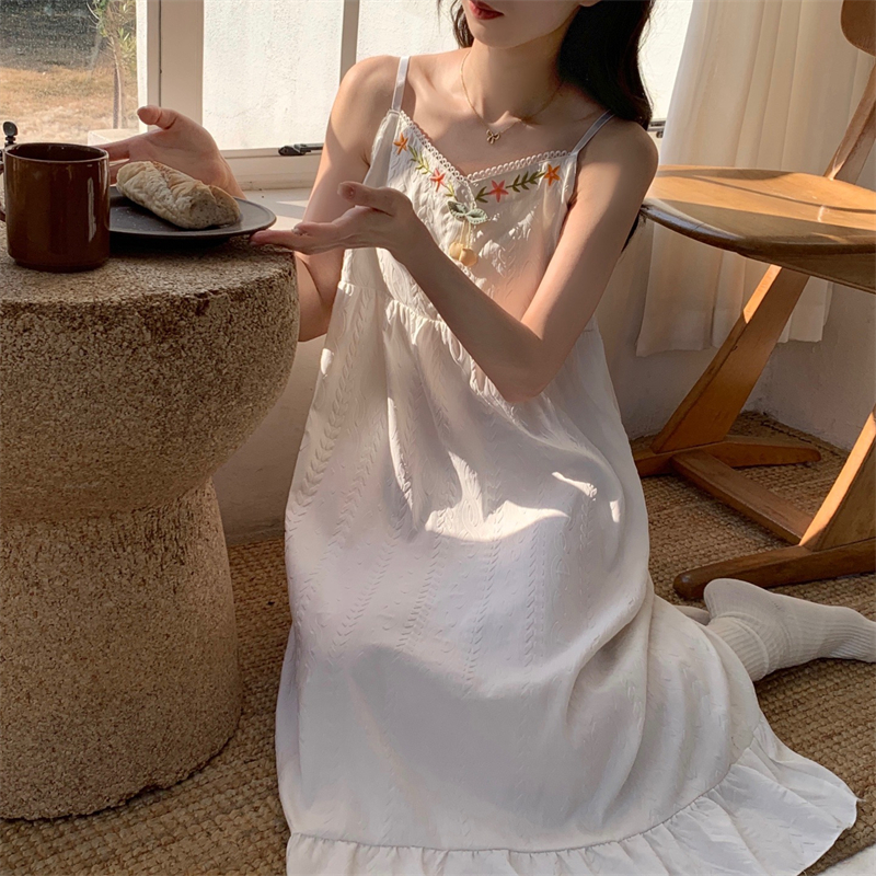 Real photo of summer cloud cotton nightgown with chest pad women's suspender sleeveless princess style bow dress