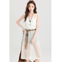 Skirt vest skirt for women summer new solid color grid summer layered vacation skirt hollow knitted dress