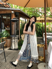 Real shot Boho style ~ Korean chic simple vacation fashion suit grid blouse + suspender skirt