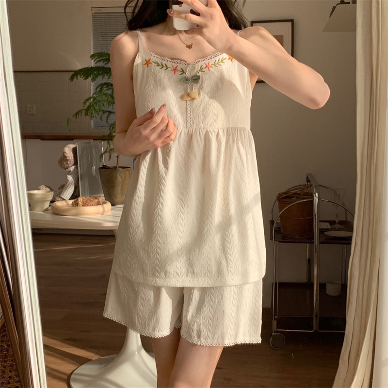 Real shot of 25-year summer pure and sexy pajamas women's suspender suit with breast pad new home clothing two-piece set