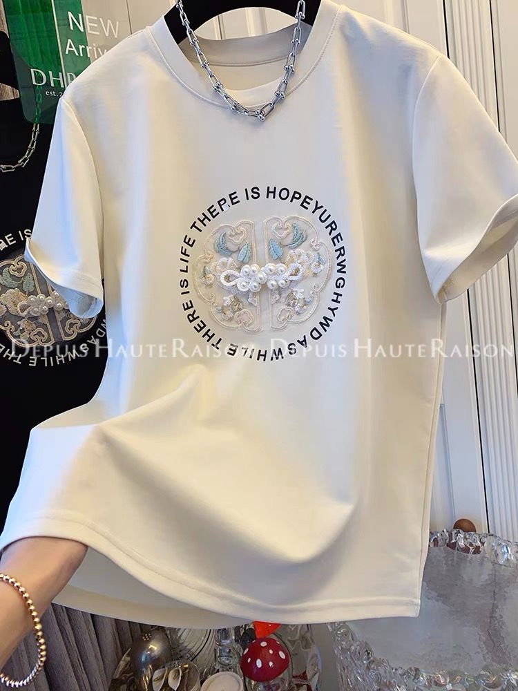 ~Large-size pure cotton new Chinese embroidered plaid pinned pearl short-sleeved T-shirt top spring and summer new style
