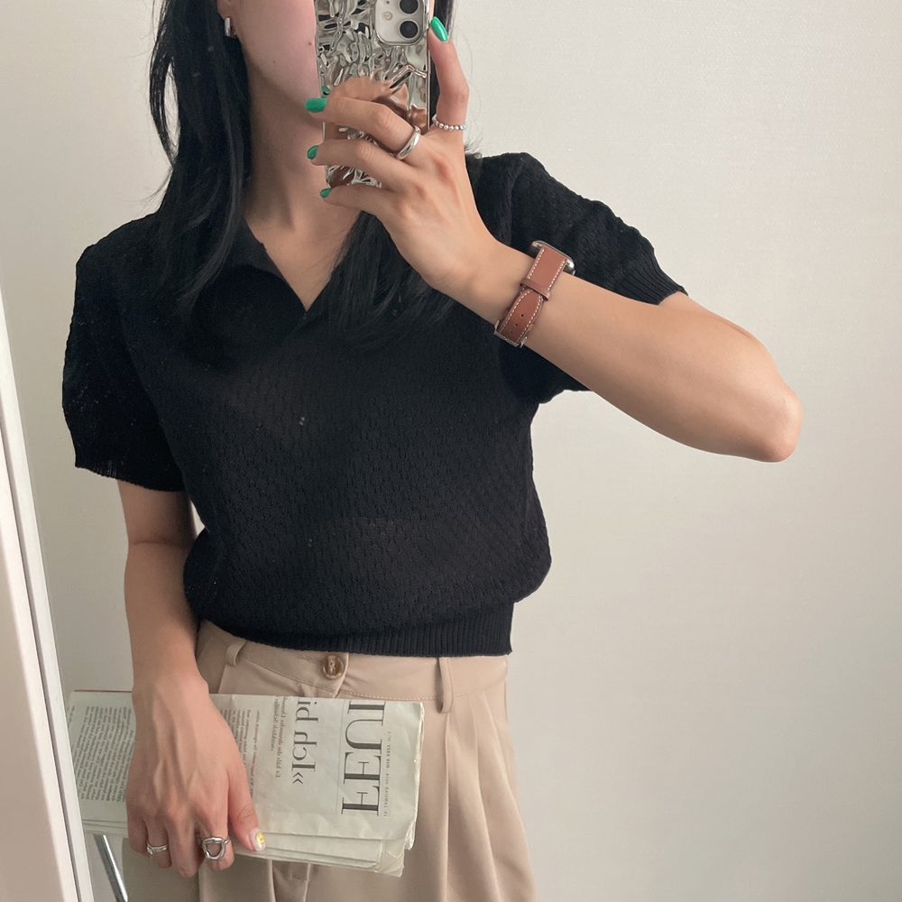 Real-size large-size Korean sweater lapel sweater summer casual V-neck hollow solid color puff sleeve pullover short sleeve
