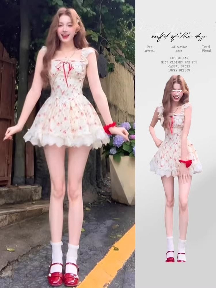 2025新款小個子法式碎花吊帶連衣裙子夏季女裝收腰蓬蓬裙短裙套裝