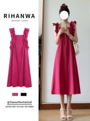 French high-end rose red small flying sleeve suspender dress dopamine waist slimming and beautiful dress summer