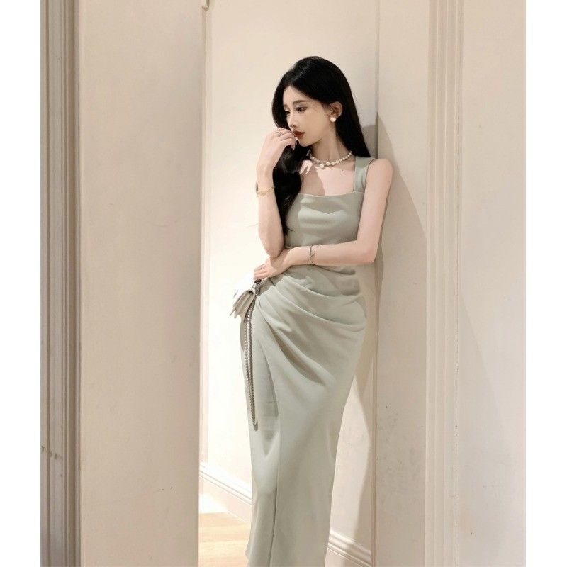 French temperament, famous lady high-end satin long skirt, slim hip-covered square collar suspender dress, new summer style