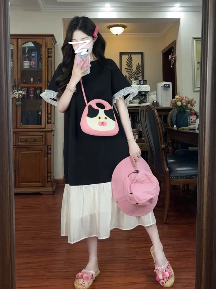 黑色休閒寬鬆顯瘦胖mm遮肚藏肉連衣裙子女夏季2025新款T恤裙長裙