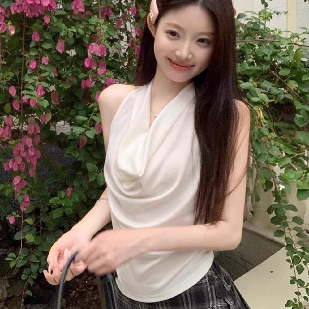 Pure sexy hot girl slim backless halter neck knitted suspender vest women's summer new design pleated top