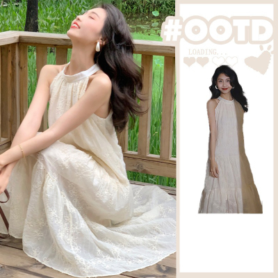 Sweet neck halter dress fairy summer 2025 new white skirt sleeveless high-end temperament A-line long skirt