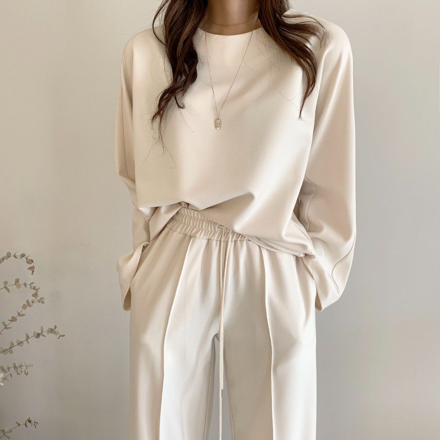 Korean chic autumn simple temperament loose and versatile long-sleeved sweatshirt + elastic waist strap casual pants trousers for women