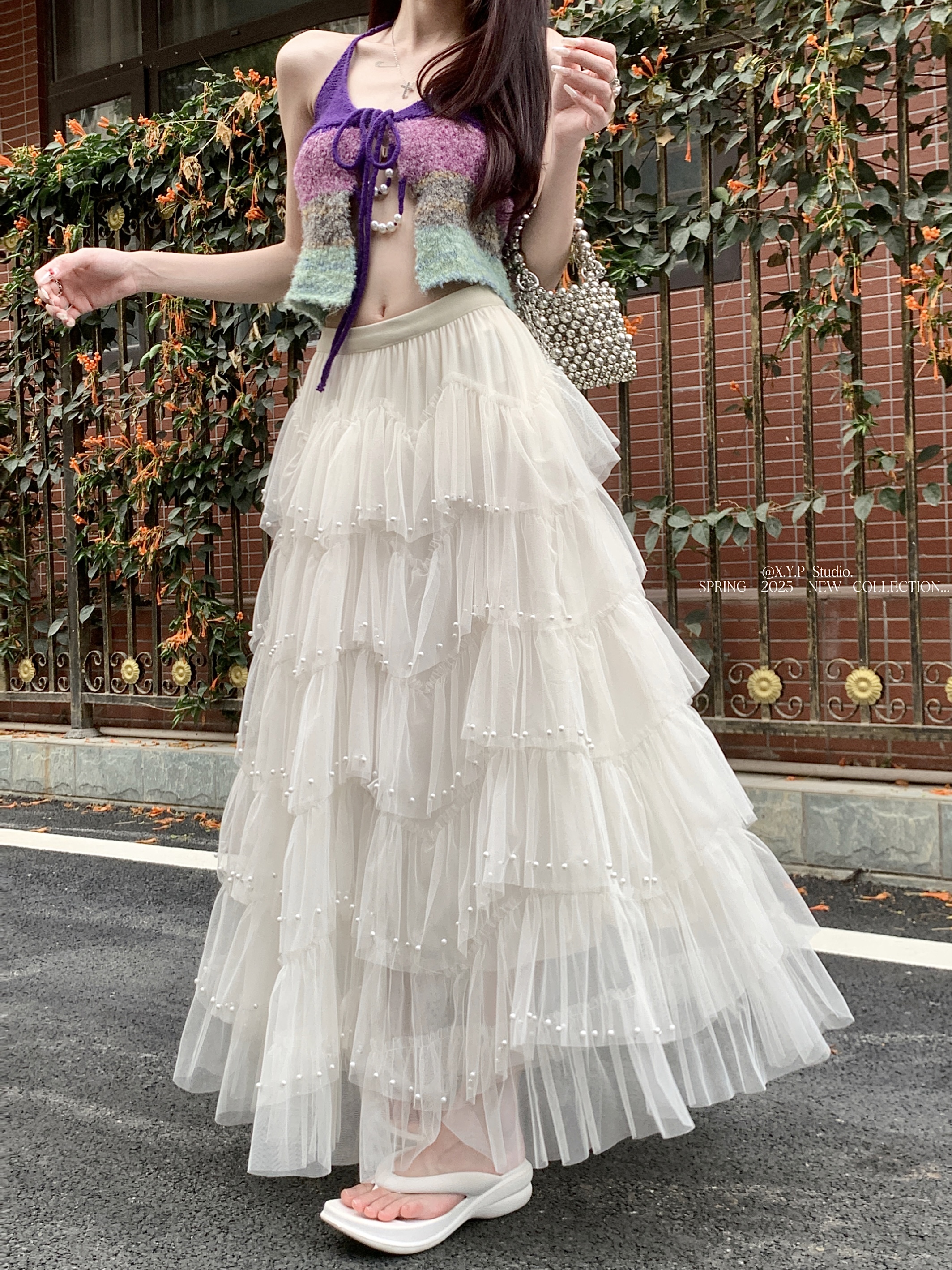 Real-life heavy-duty layered yarn bead splicing long skirt high waist slimming mesh lace cake skirt sweet fairy skirt