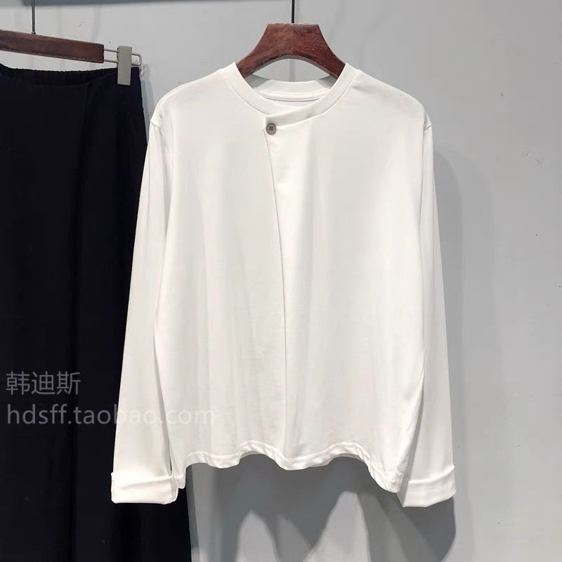 2025 spring clothing new solid color fake button design loose long-sleeved T-shirt top for women