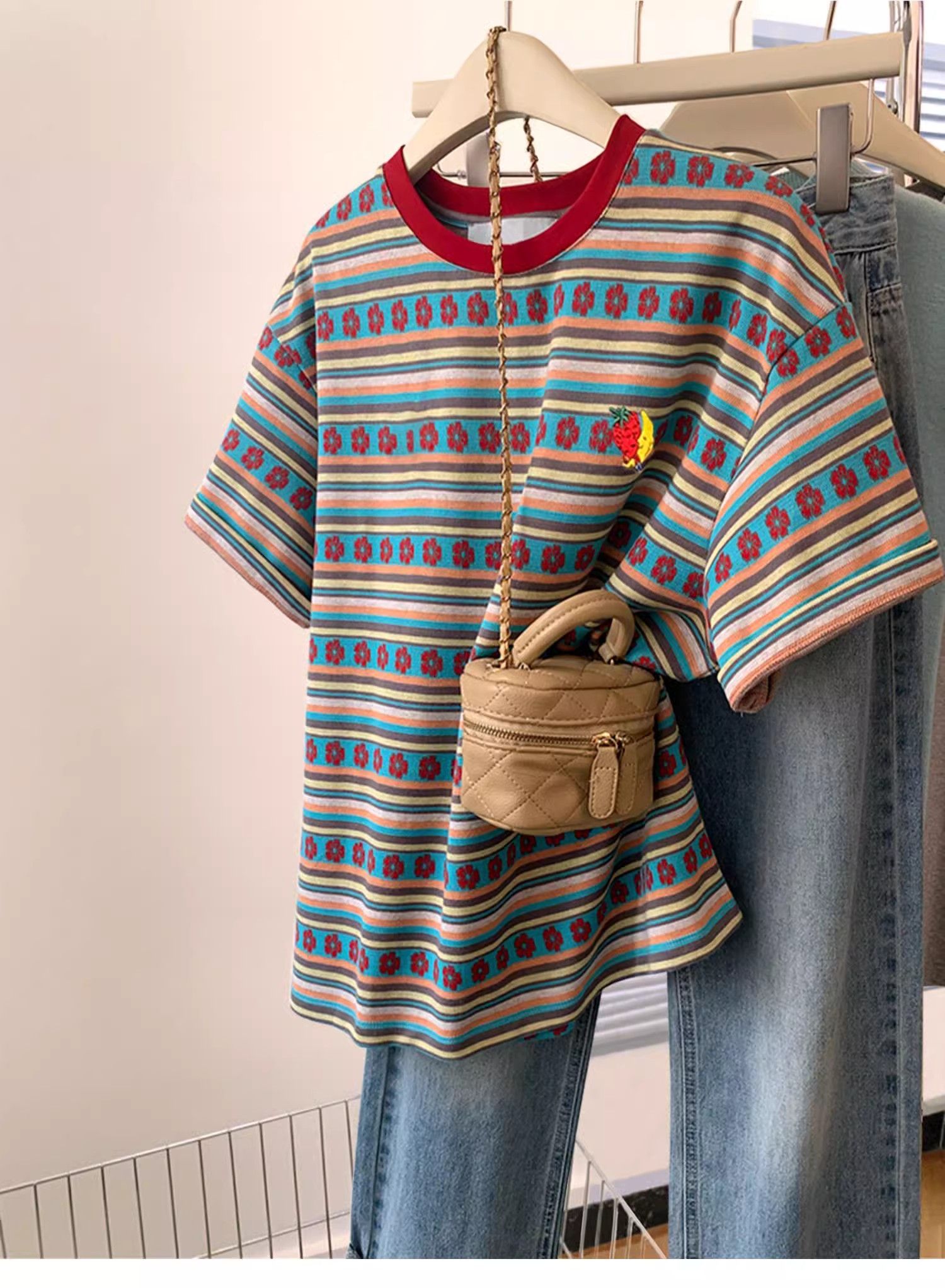 Colorful striped embroidered short-sleeved T-shirt women's top