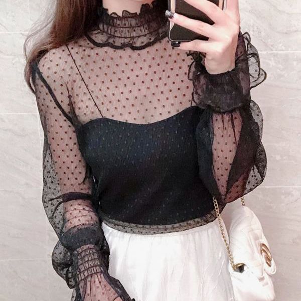 New mesh perspective base shirt for women in spring mesh inner lace sexy mesh top long sleeve T-shirt