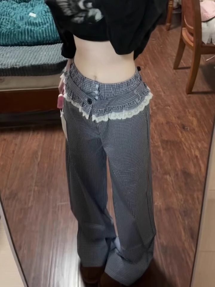 2025 new lace spliced ​​plaid trousers for women casual loose slimming straight wide-leg pants