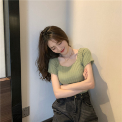 Real photos Korean version wears versatile slim short-sleeved knitted T-shirt top with base shirt