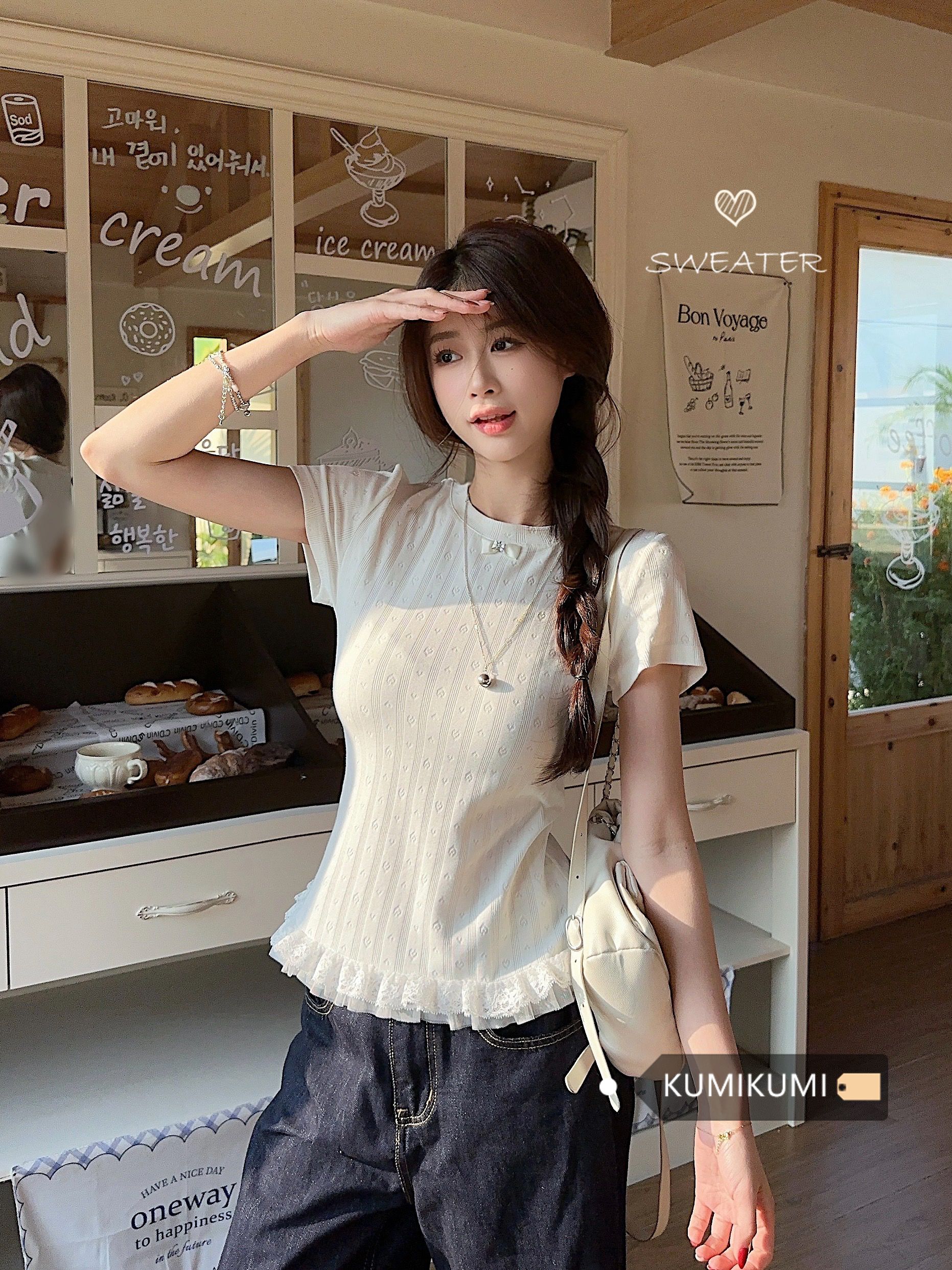Pure cotton jacquard sweet lace spliced ​​short-sleeved sweater for women in summer age-reducing love jacquard chic slimming top