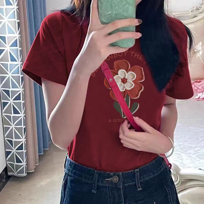 Printed front shoulder short-sleeved T-shirt for women in summer new niche American pure cotton slim T-shirt top