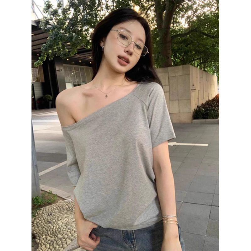 Colorful cotton ribbed Korean version simple retro slanted neck short-sleeved T-shirt lazy style off-shoulder slim top