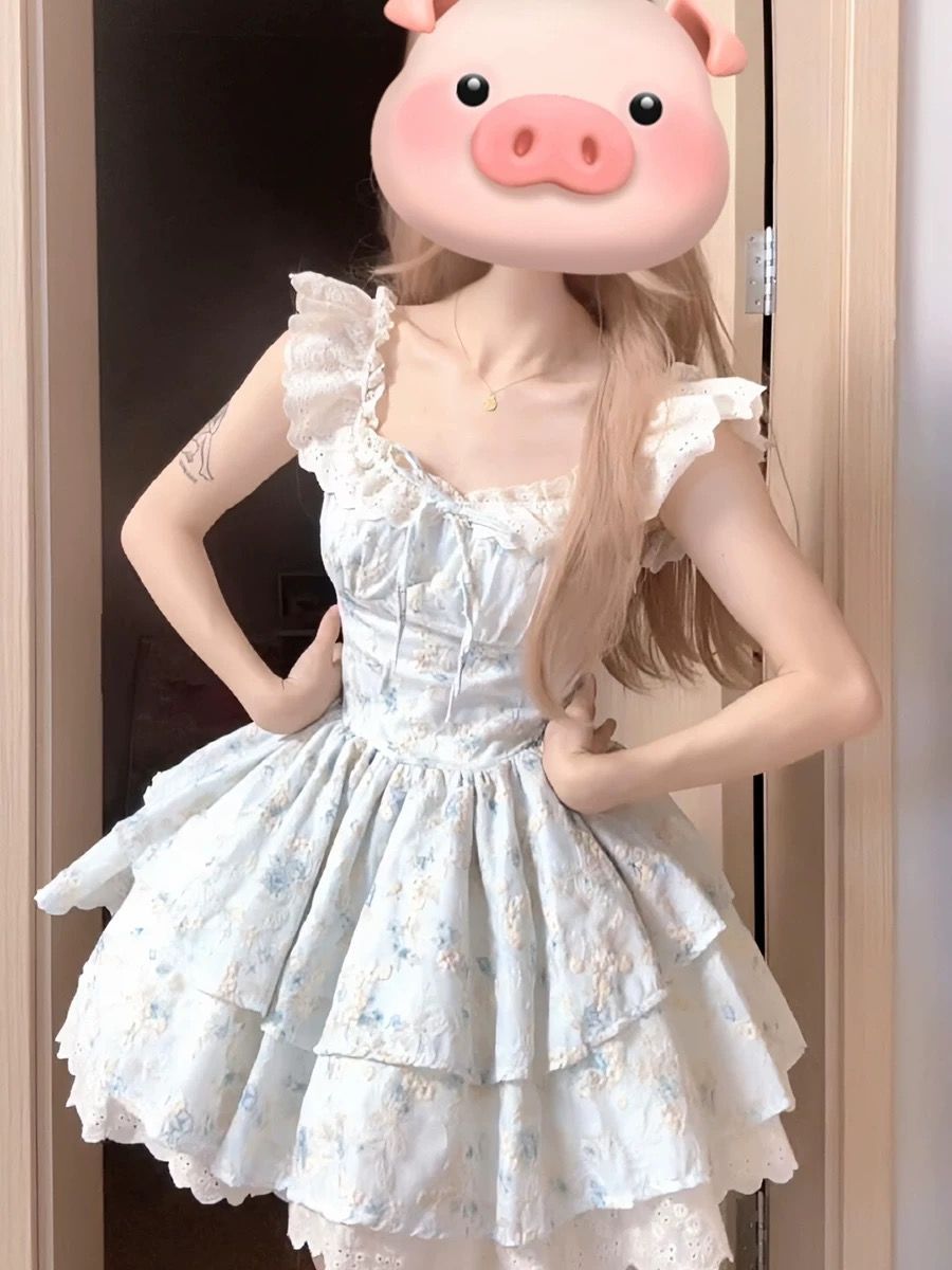原版提花碎花連衣裙女夏季新款小飛袖仙女公主裙收腰蓬蓬短裙子