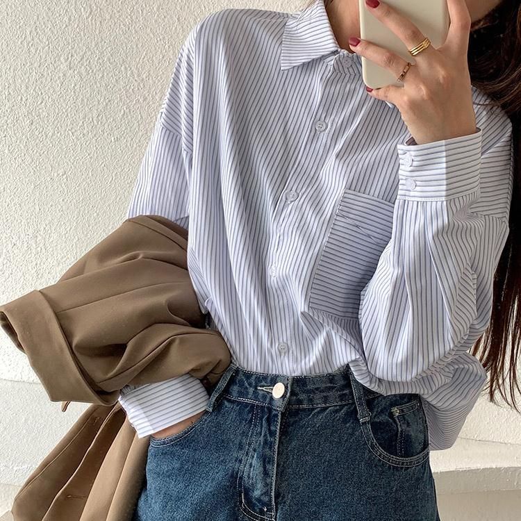 Korean striped shirt for women wearing retro Hong Kong-style jacket for spring and autumn design versatile long-sleeved top