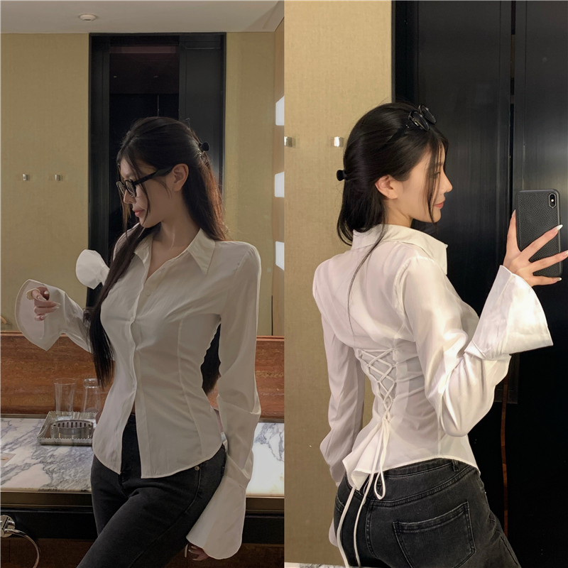 Real shot of new Hong Kong style shirt sexy hot girl back waist-hugging high-end design slim long-sleeved top