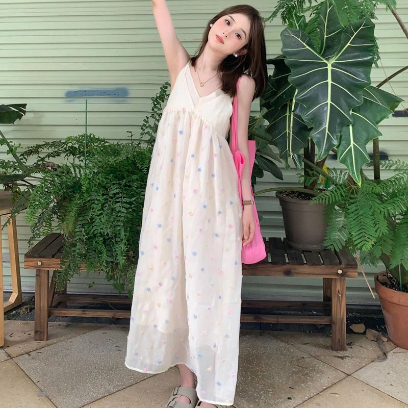 溫柔風絕美小裙彩色波點甜美吊帶連衣裙長裙夏季海邊度假沙灘裙子