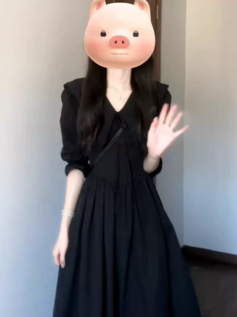 赫本風法式黑色v領長袖連衣裙子女夏春季2025新款高級感氣質長裙