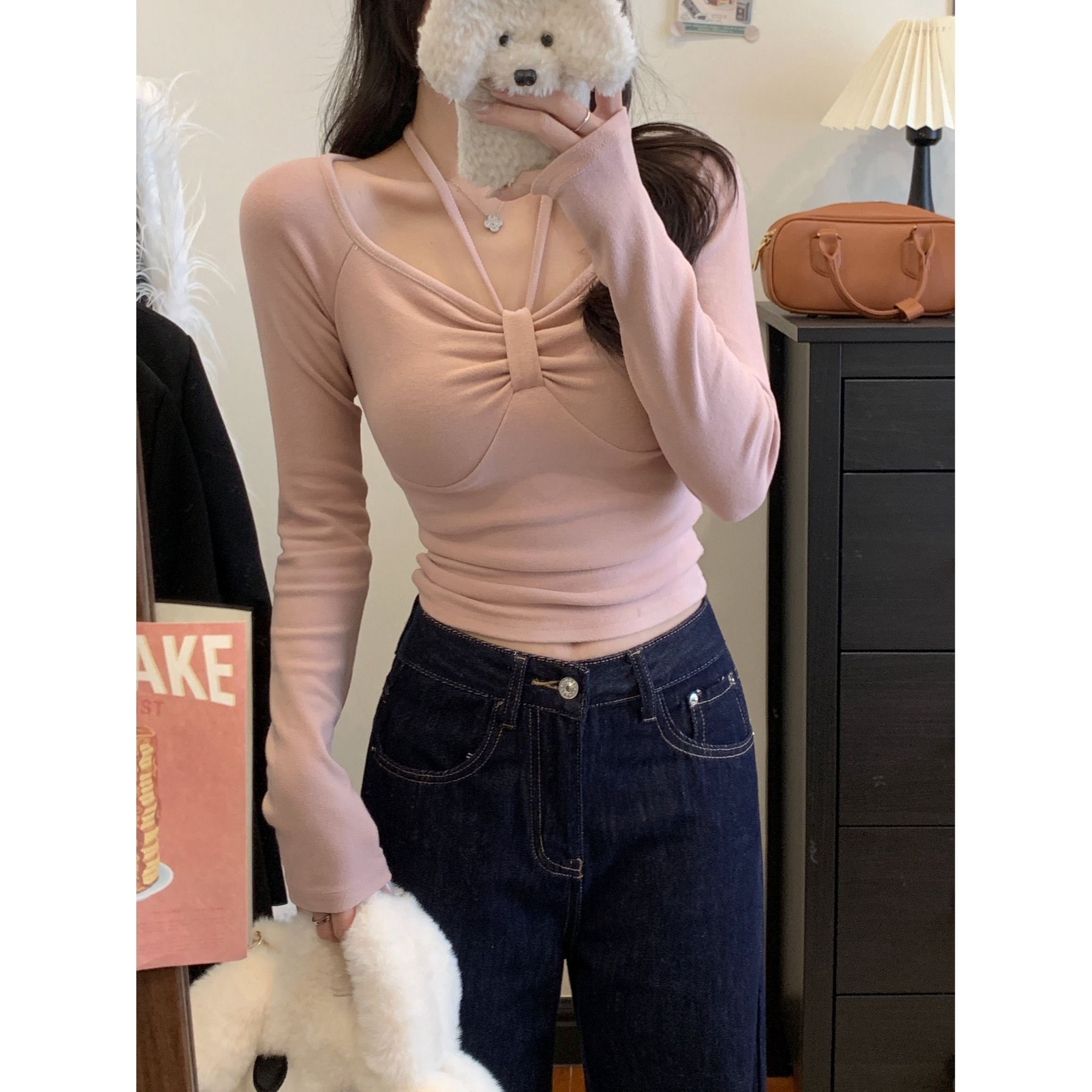 螺紋德絨純欲風磨毛掛脖T恤女秋冬收腰緊身打底衫