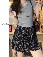 Chiffon floral short skirt for women in summer thin small cake skirt high waist slim A-line skirt
