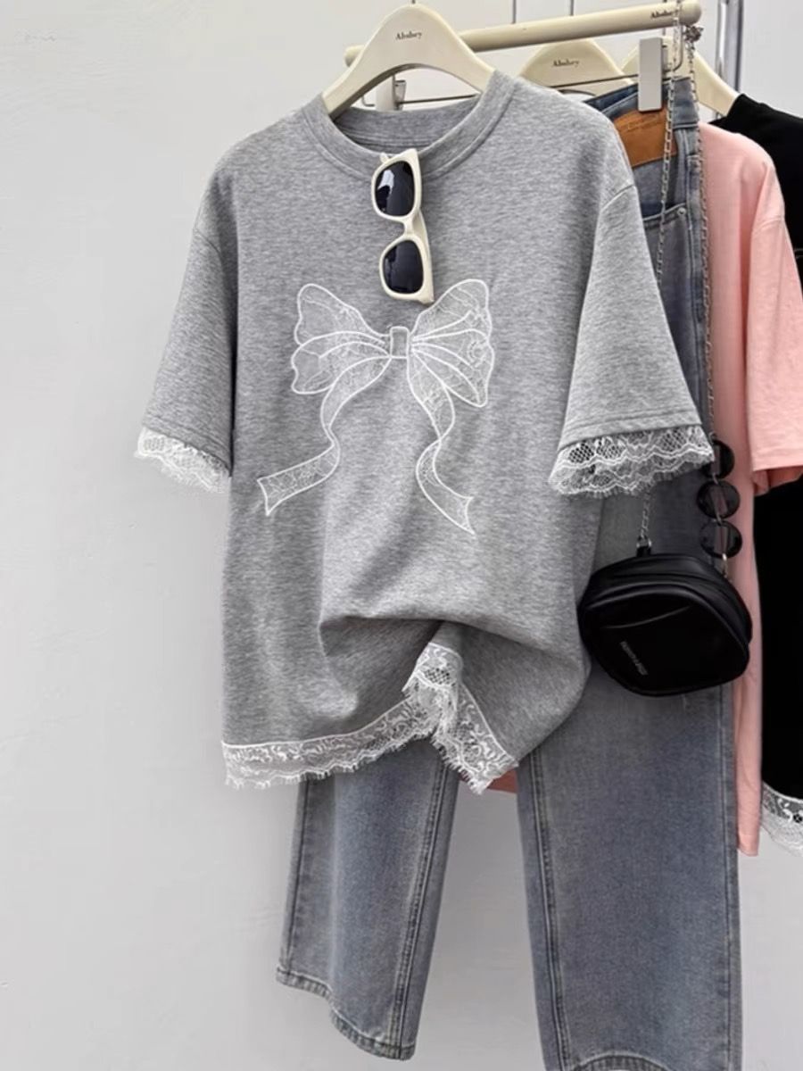 2025 new large size lace bow loose summer women's new short-sleeved T-shirt top