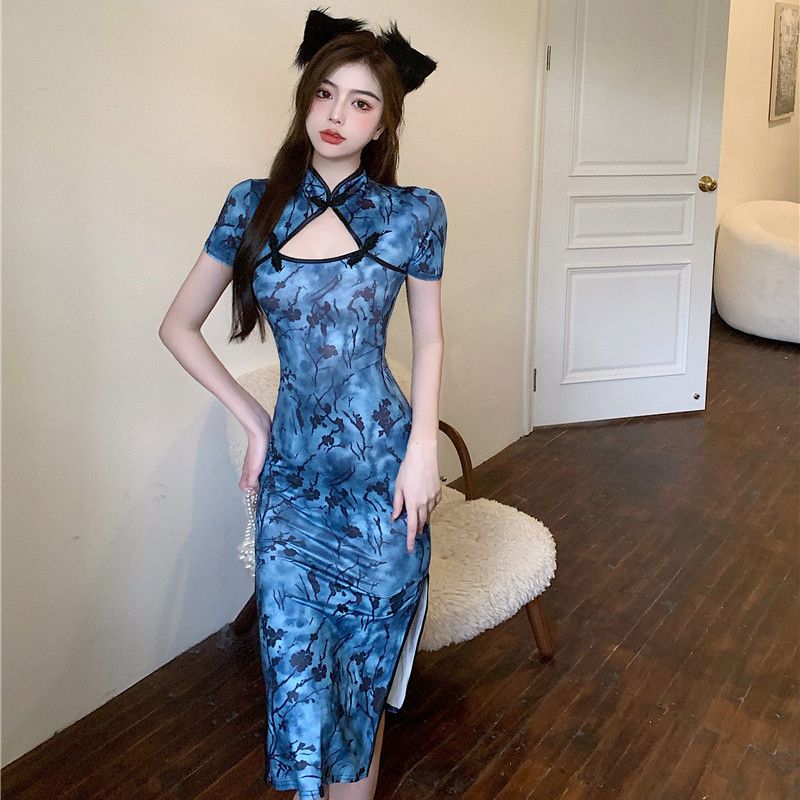 夏裝印花開叉性感鏤空中長款禮服改良旗袍復古時尚開叉連衣裙