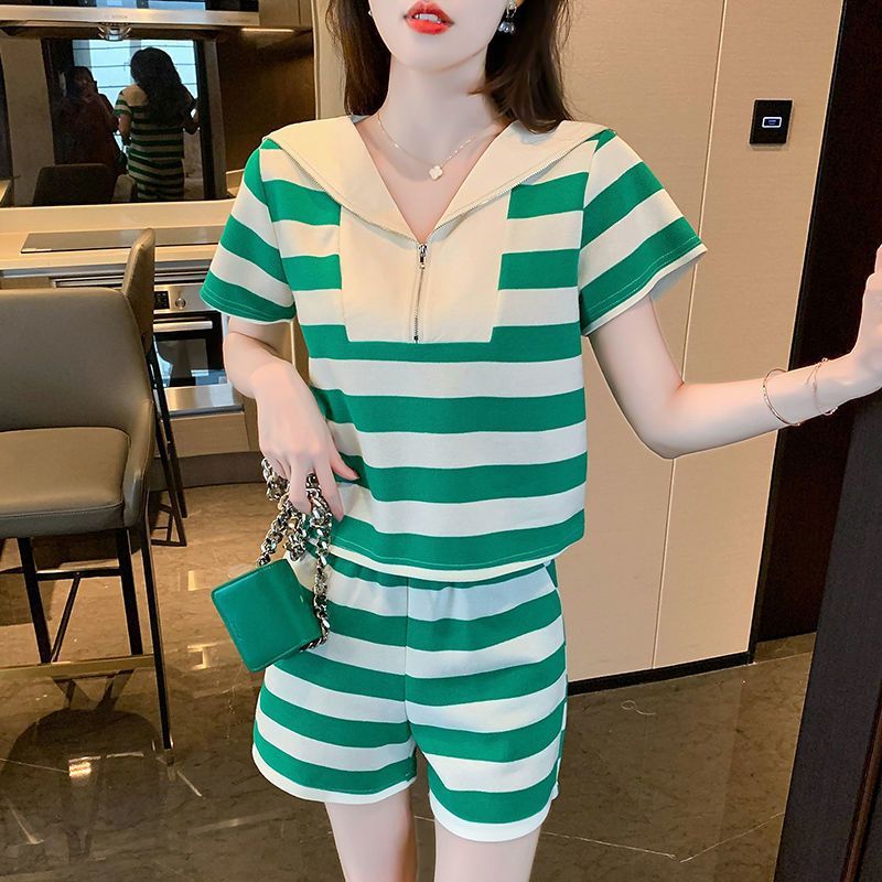 2025 summer new style striped navy neck short-sleeved T-shirt shorts two-piece set