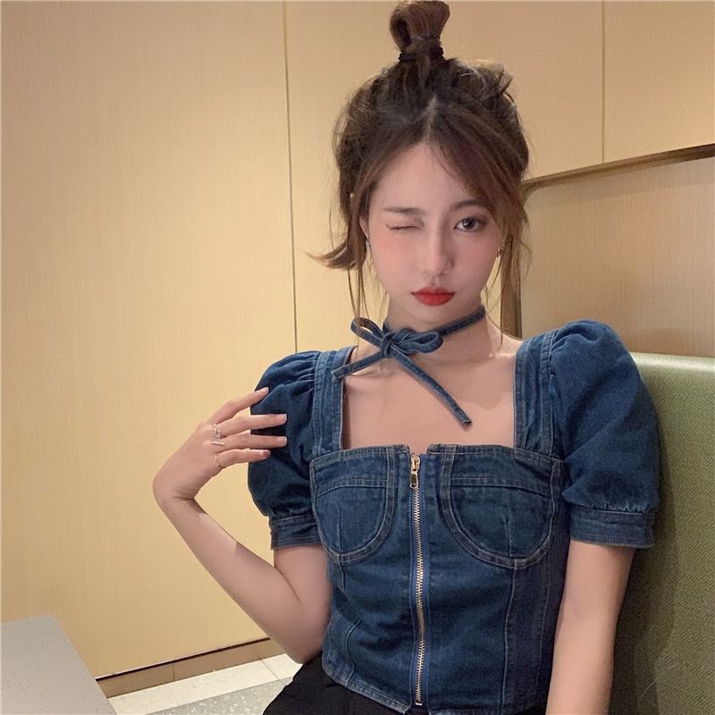 Denim shirt women's summer 2025 new Korean style design niche square collar umbilical puff sleeve short top