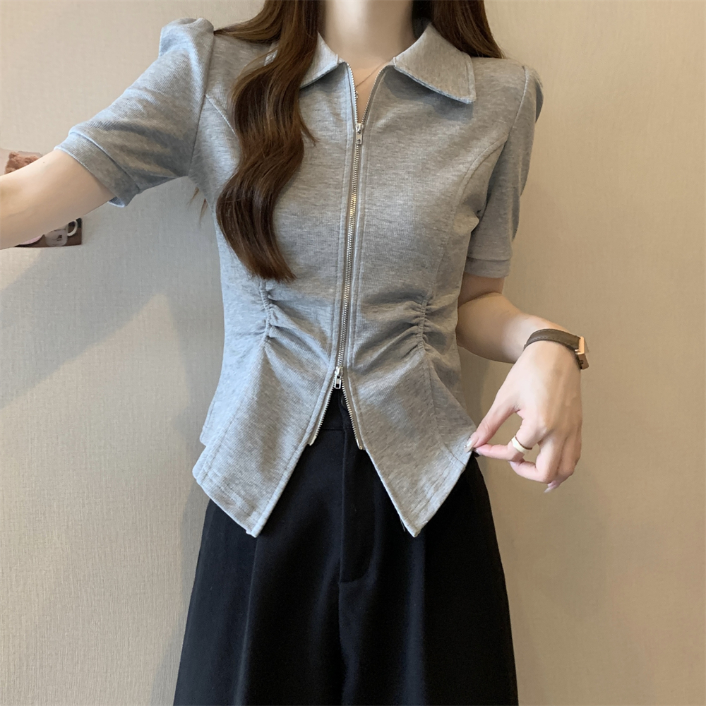 Real shot, pure polyester, new ammonia cotton, summer short-sleeved T-shirt, women's zipper, polo collar design sense
