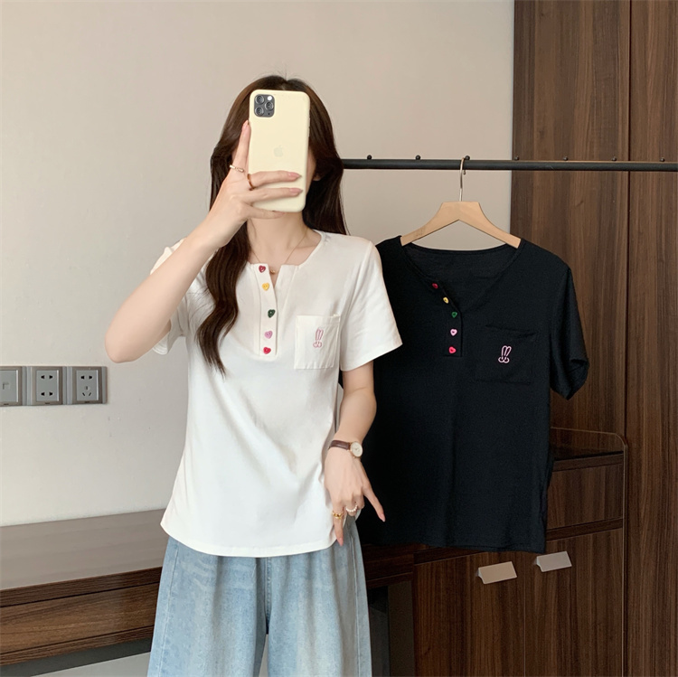 Summer clothing fat mm versatile slim cartoon rabbit embroidered short-sleeved top T-shirt