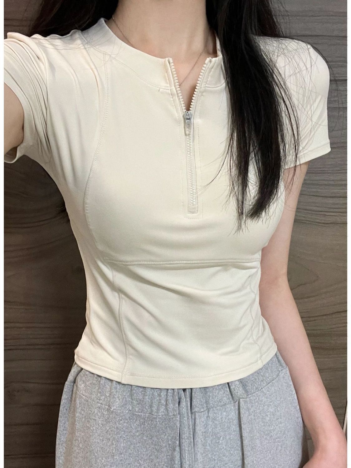 正肩短袖t恤女修身高腰短款上衣