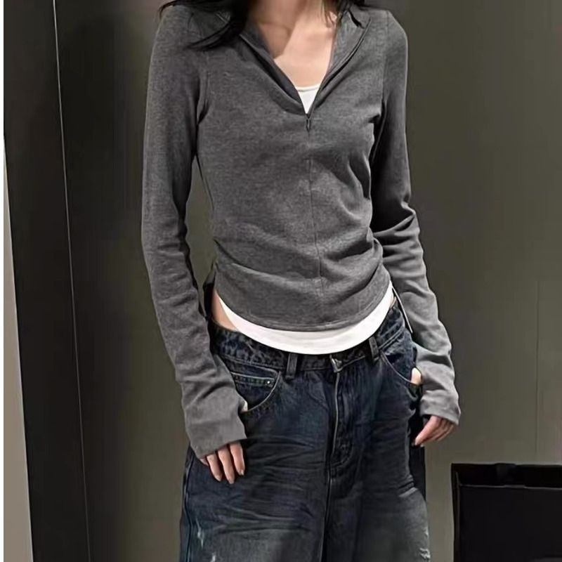 正肩假兩件小眾加絨T恤女秋冬修身顯瘦打底衫上衣